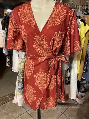 Women's Rust Wrap romper with Leaf Print